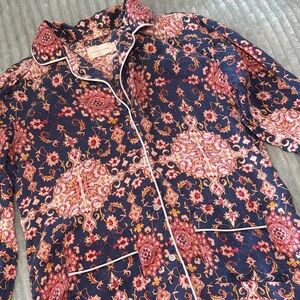 Maison Du Soir Silk Cotton Blend Sleep Blouse - Floral Blue/Pink - Used, S
